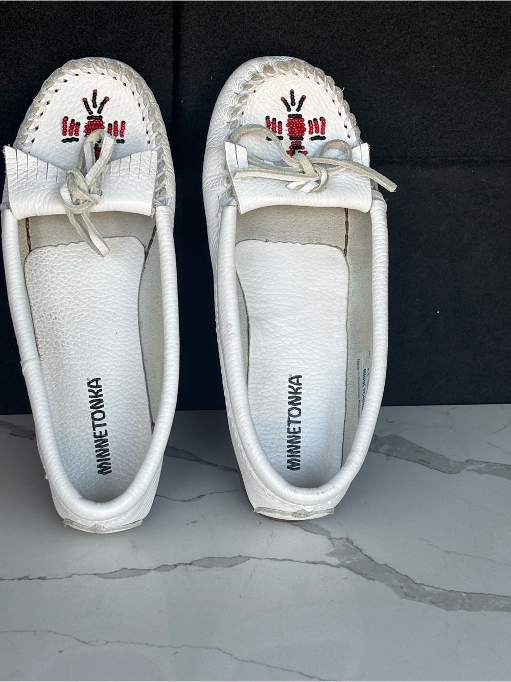 Minnetonka White Leather Beaded Moccasins with Red Accents